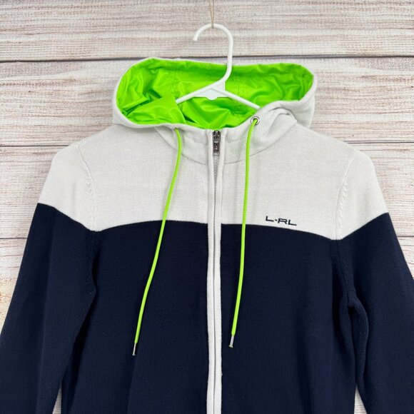 L-RL Lauren Active Full Zip Knit Hoodie Sweater Women's Medium‎ Blue/White - Picture 3 of 14